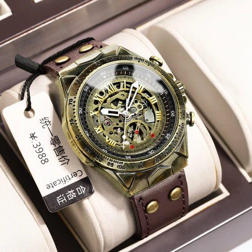 BINBOND A275 bronze skeleton watch with Brown Leather strap