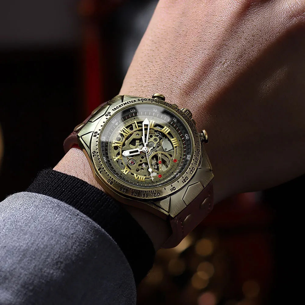 BINBOND A275 bronze skeleton watch on wrist with Brown Leather strap