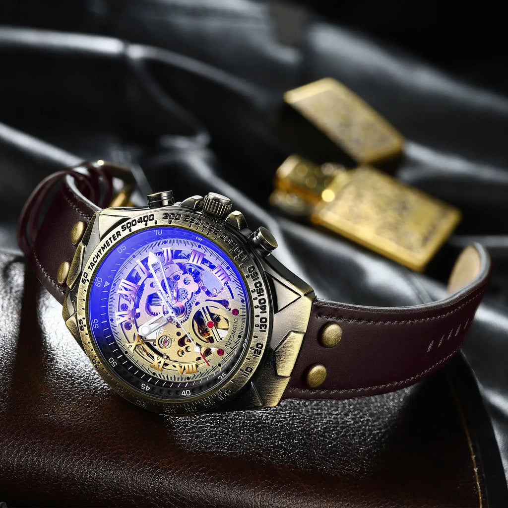 BINBOND A275 bronze skeleton dial and Brown Leather strap detail