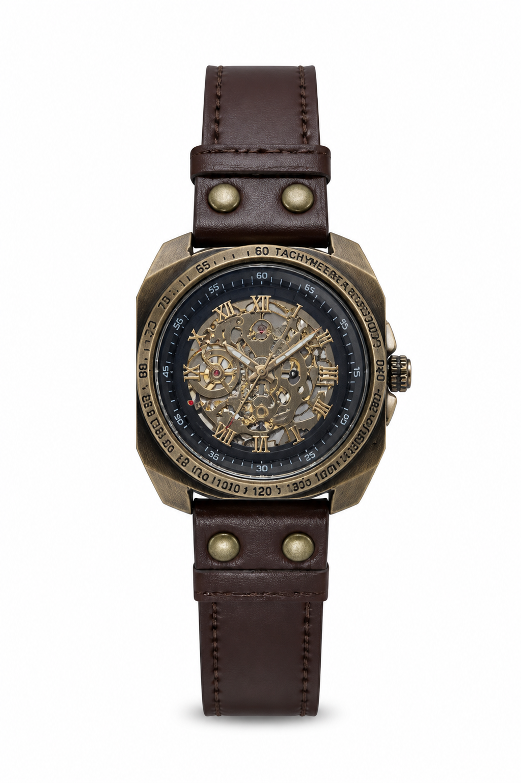 BINBOND A275 bronze skeleton watch with Brown Leather strap on white