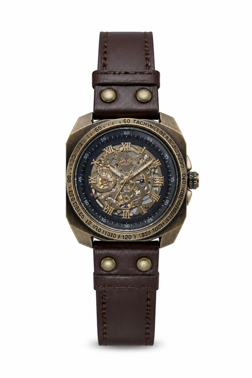 BINBOND A275 bronze skeleton watch with Brown Leather strap on white