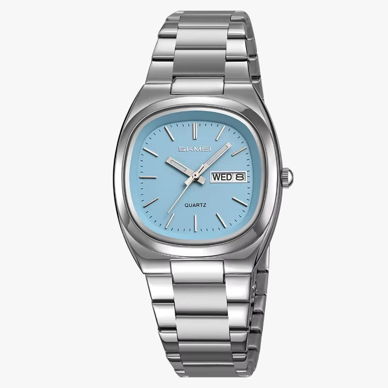 SKMEI 2420 cushion day-date watch, silver case with light blue dial, on a steel bracelet, white background