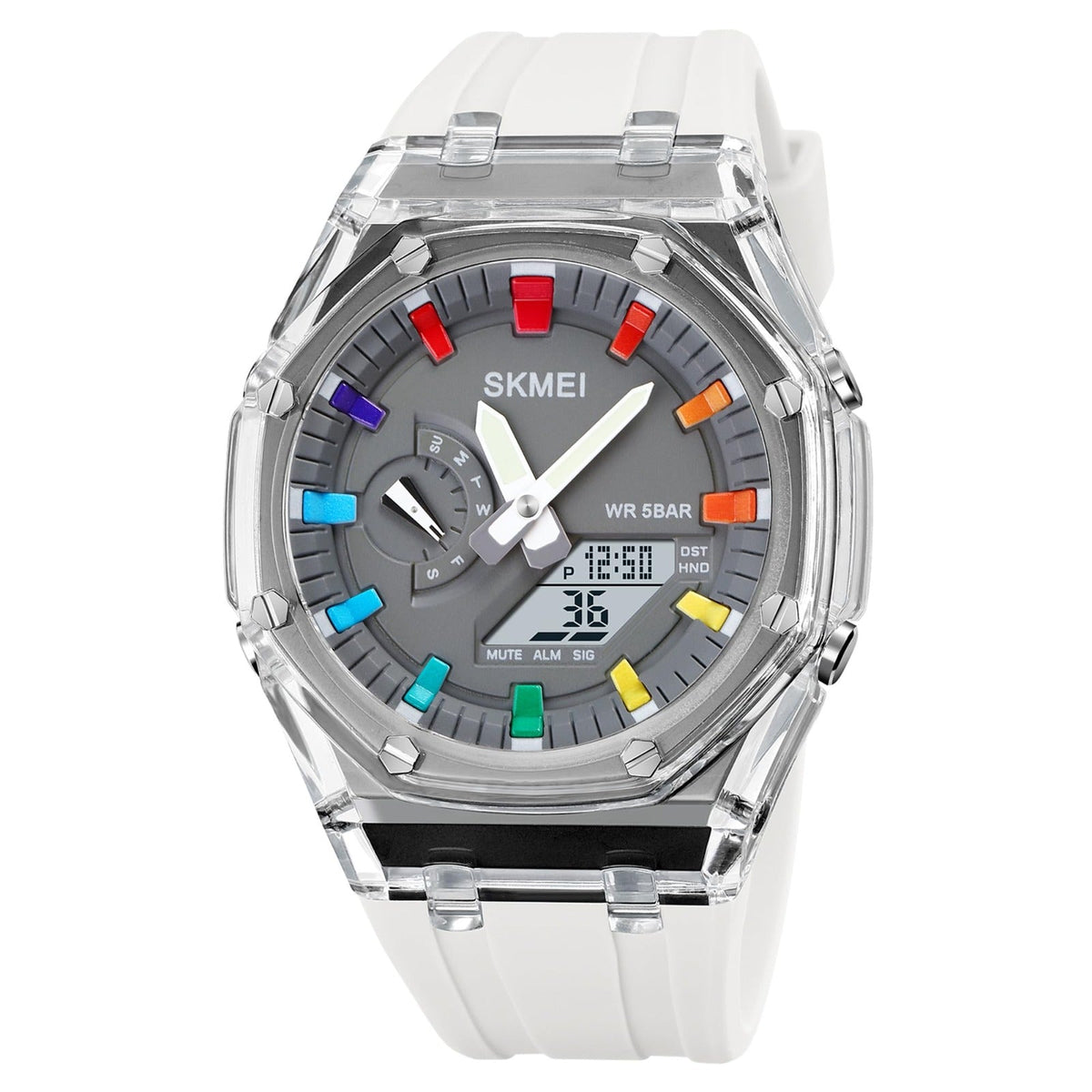 SKMEI 2100 ana-digi watch, white strap grey dial, front