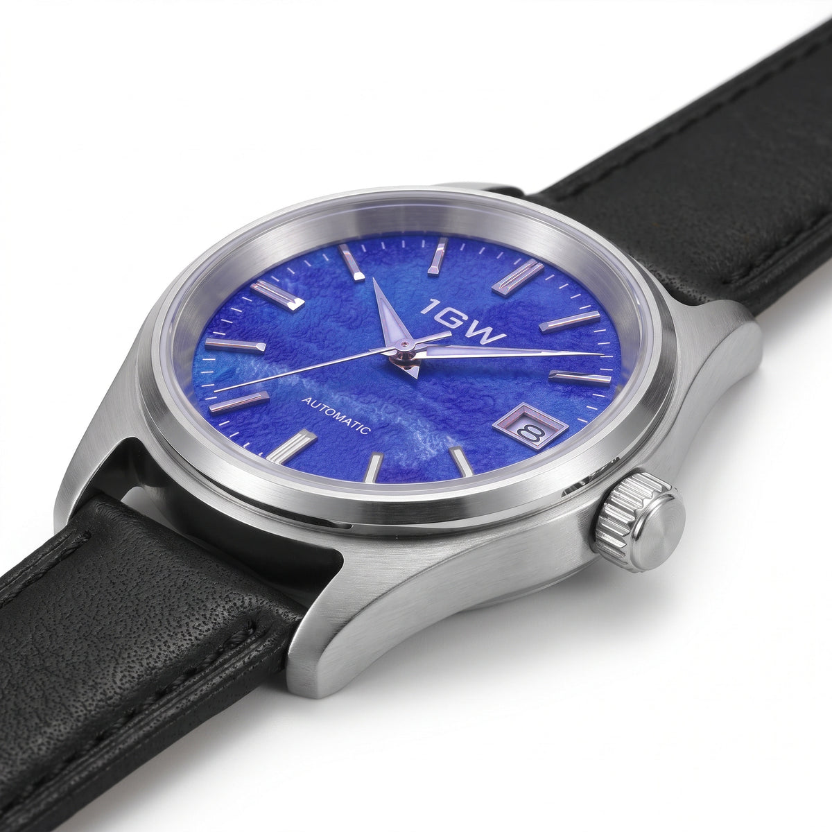 1GW Purple Texture Automatic 36mm - low side profile on white showing case thickness, lug edge and crown