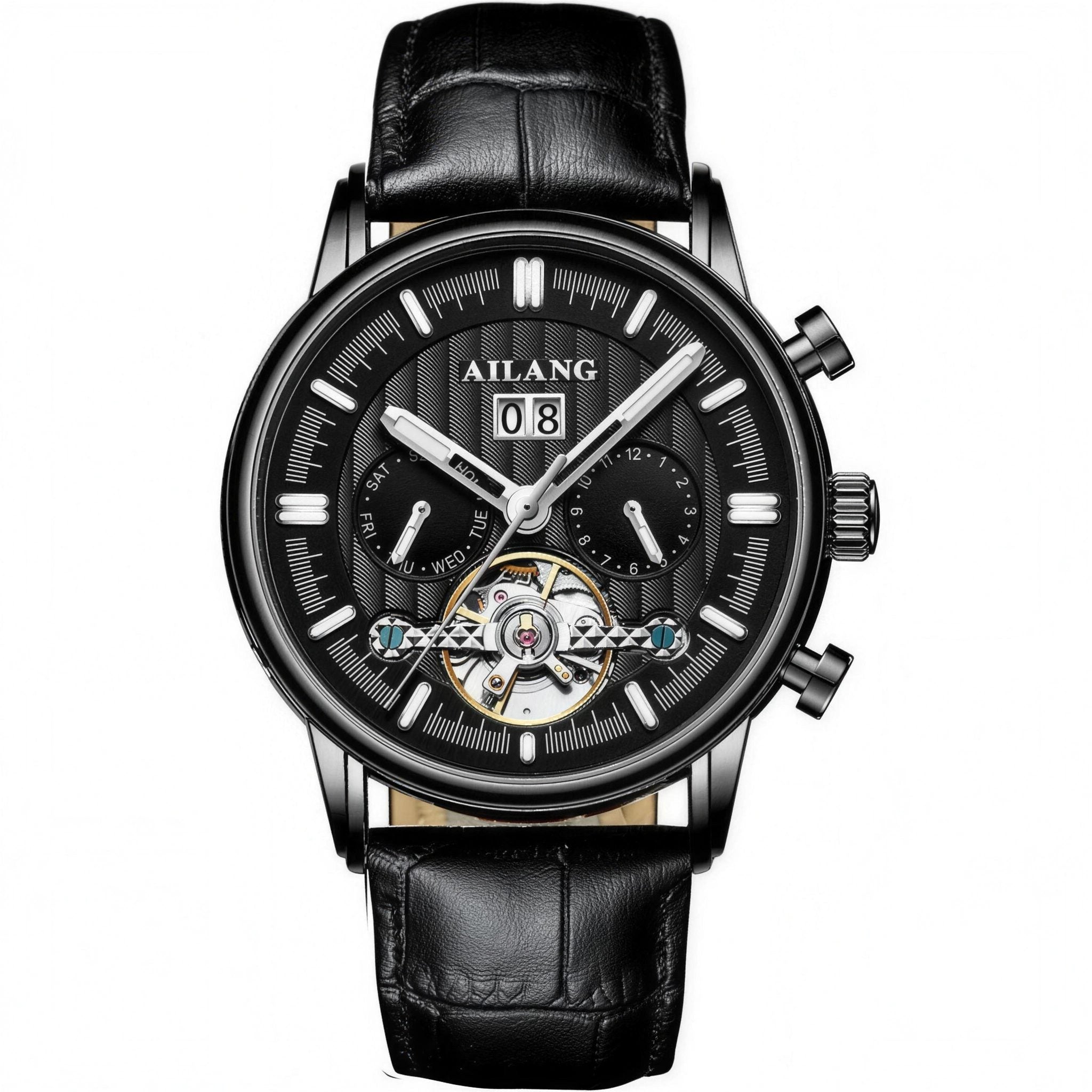 AILANG open-heart automatic watch, black case on black leather strap