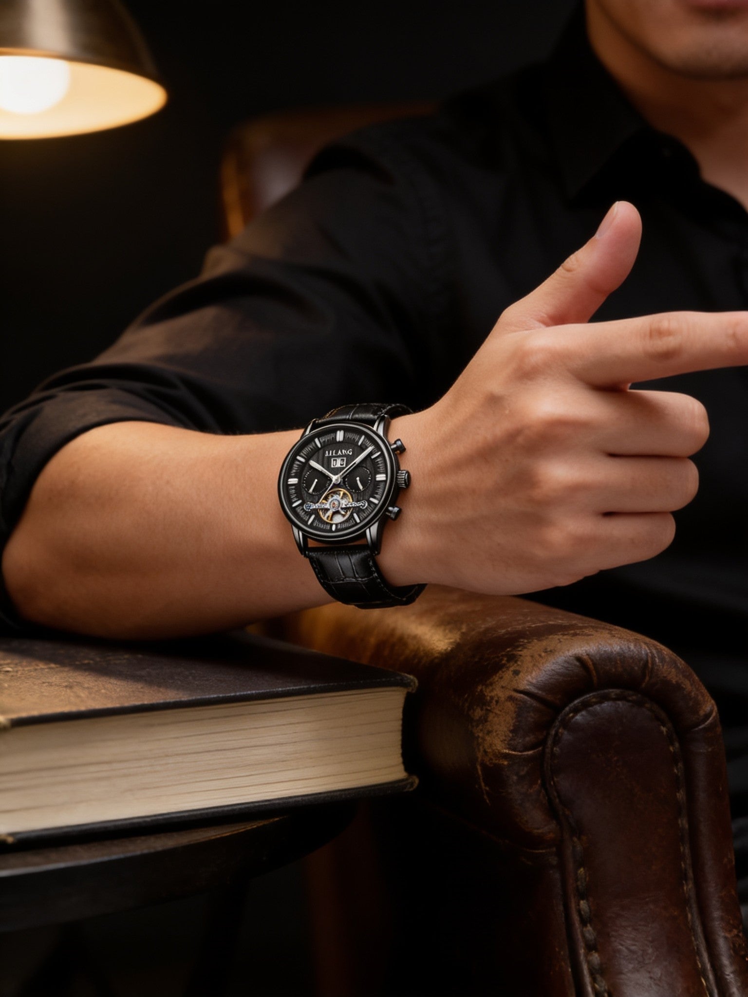 AILANG open-heart automatic on black leather worn on a man's wrist