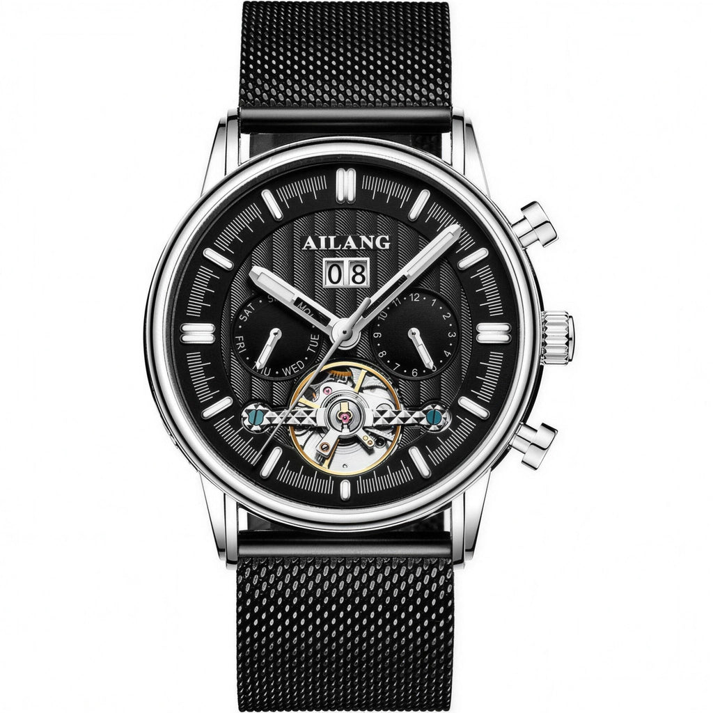 AILANG open-heart automatic watch, silver case on black steel mesh bracelet