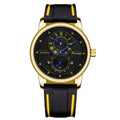 AWC automatic sport watch with gold-tone case, black dial, and black silicone band with gold accents