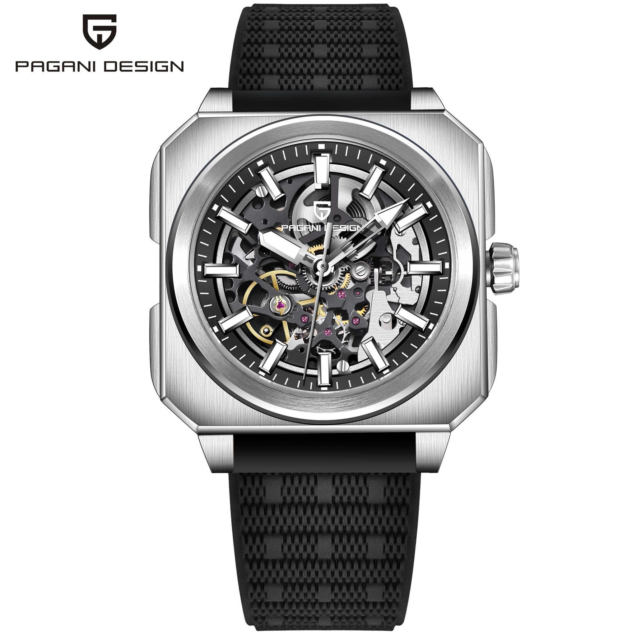 Pagani Design black skeleton automatic watch, 38mm, front view