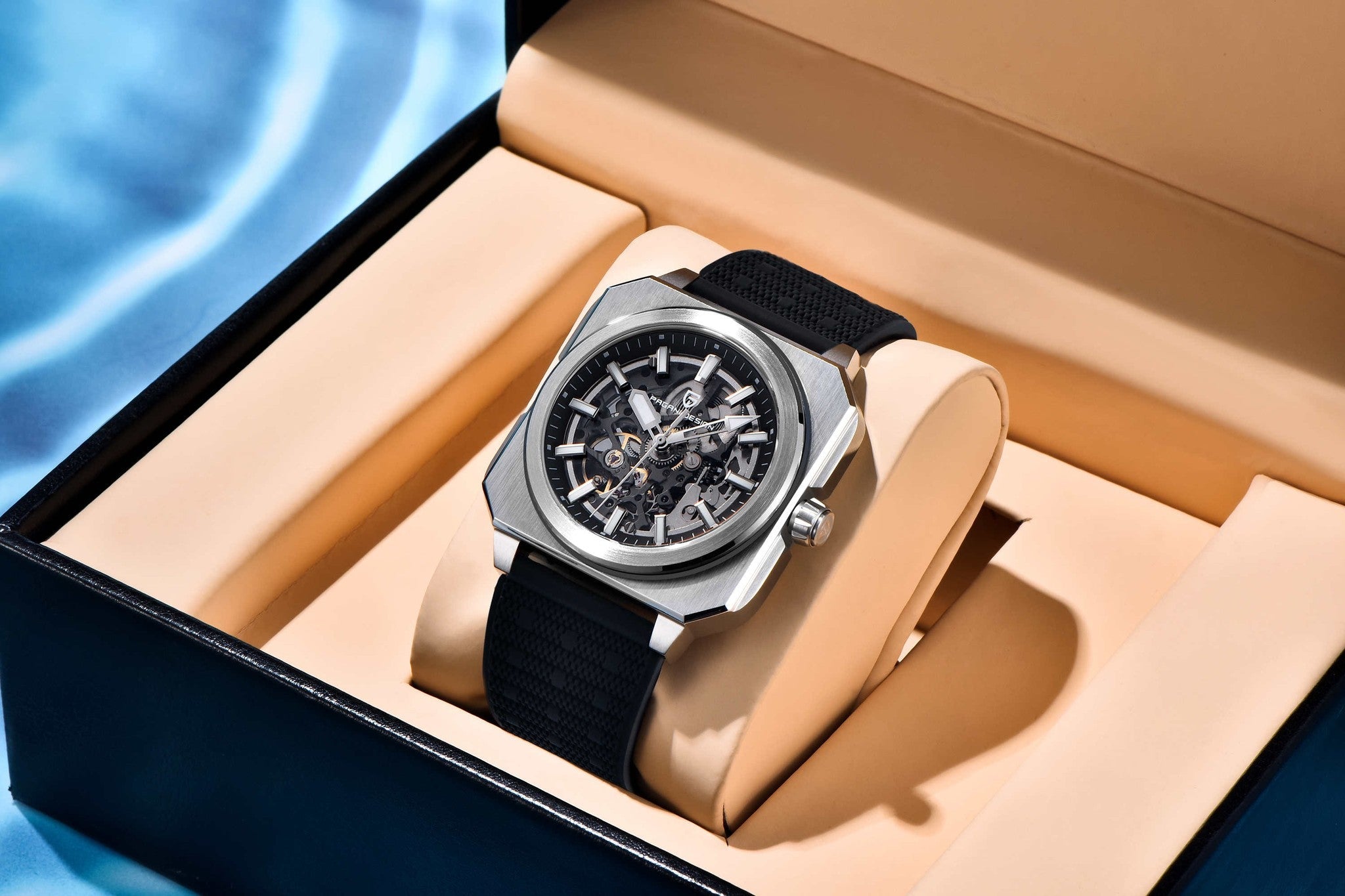 Pagani Design black skeleton automatic watch displayed in presentation box