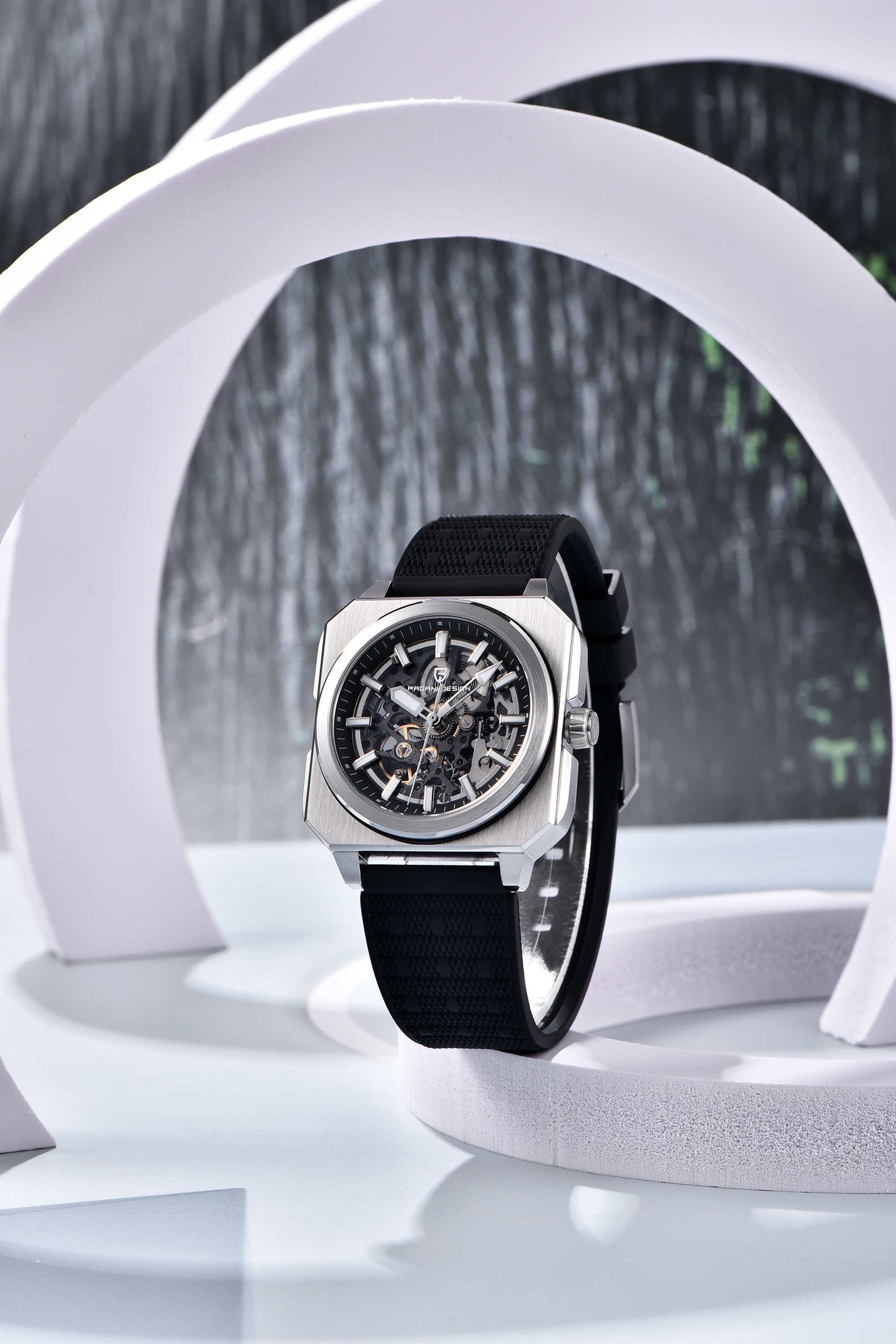 Pagani Design black skeleton automatic watch in white studio setting