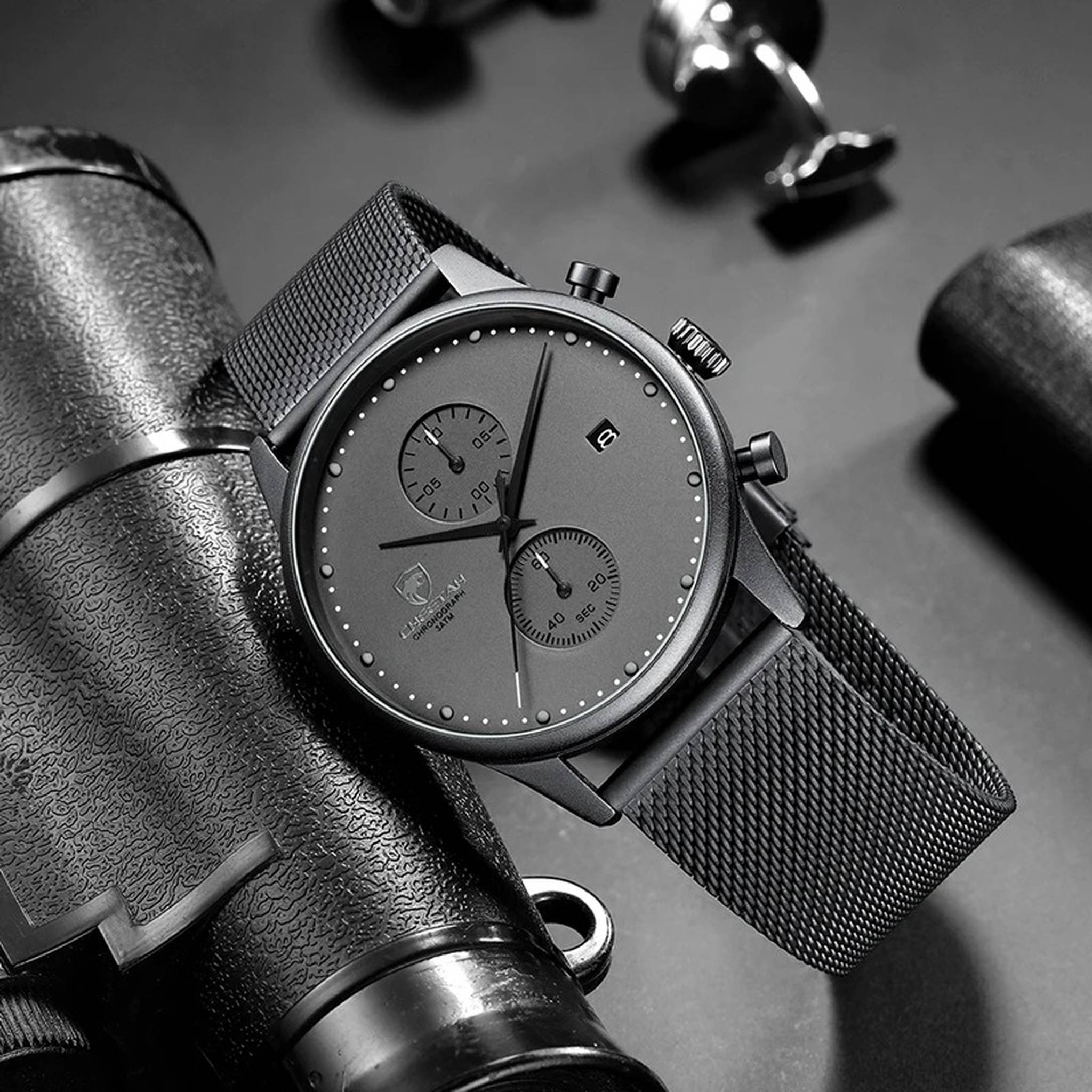 CHEETAH black and grey chronograph with steel mesh bracelet