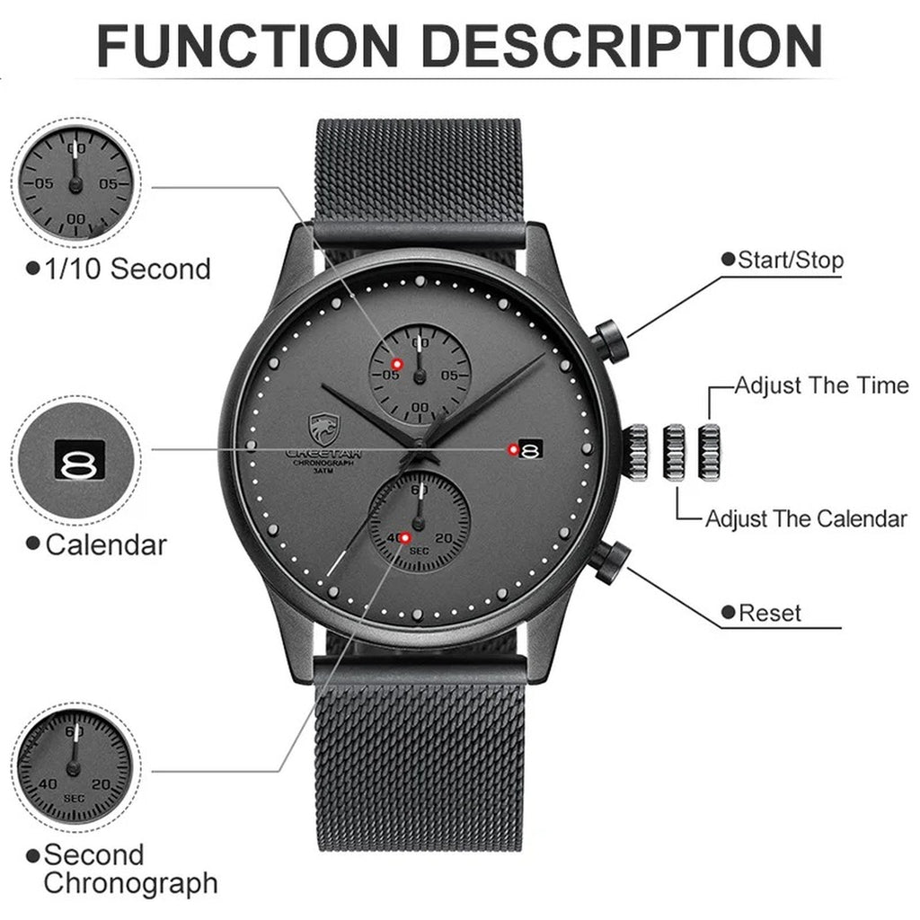 CHEETAH chronograph functions and date display
