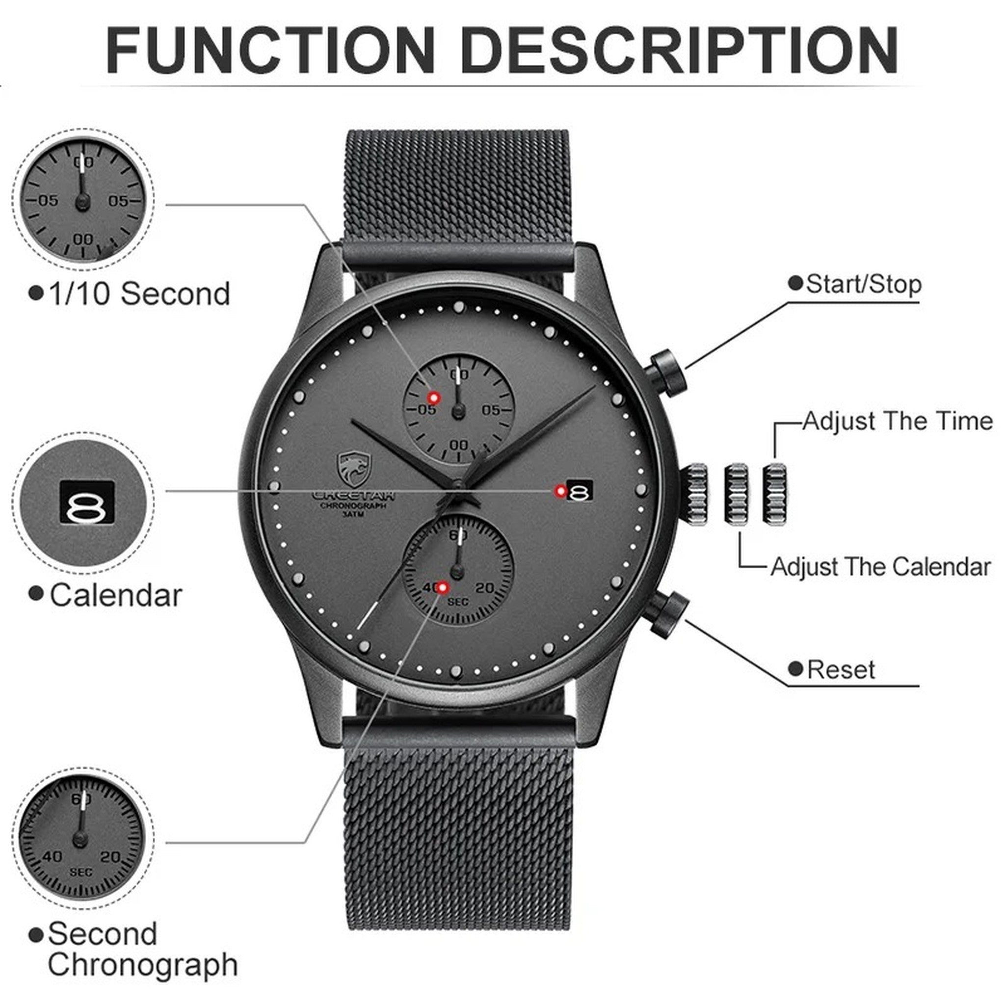 CHEETAH chronograph functions and date display