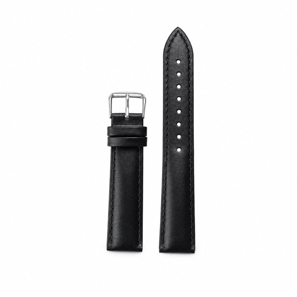 Black leather watch strap with silver pin buckle