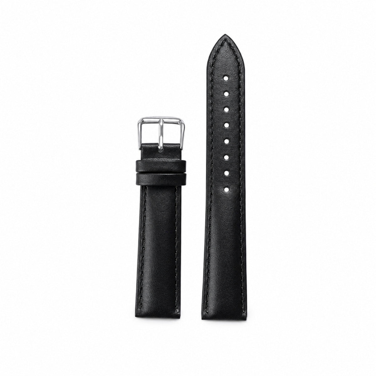 Black leather watch strap with silver pin buckle