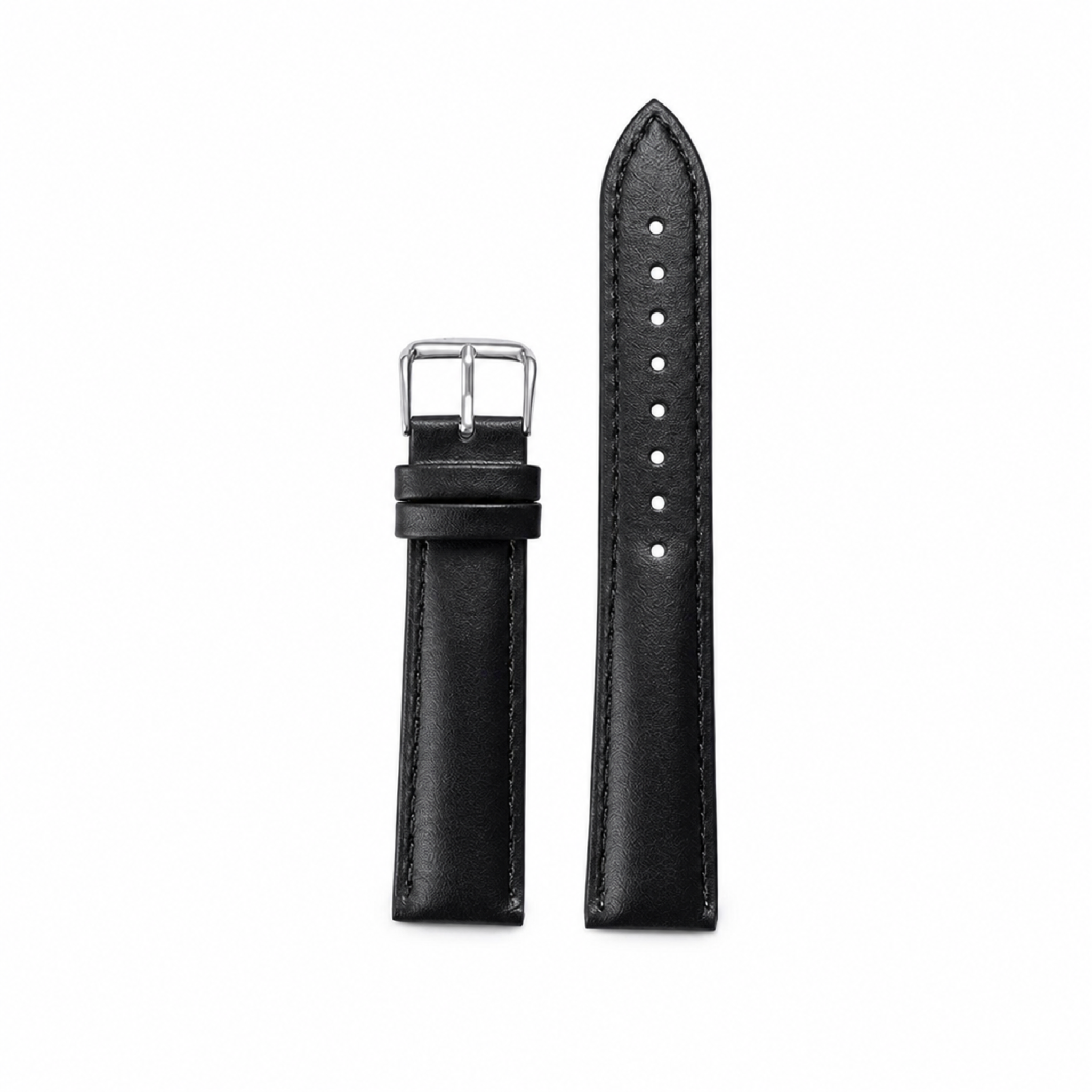 Black leather watch strap with silver pin buckle