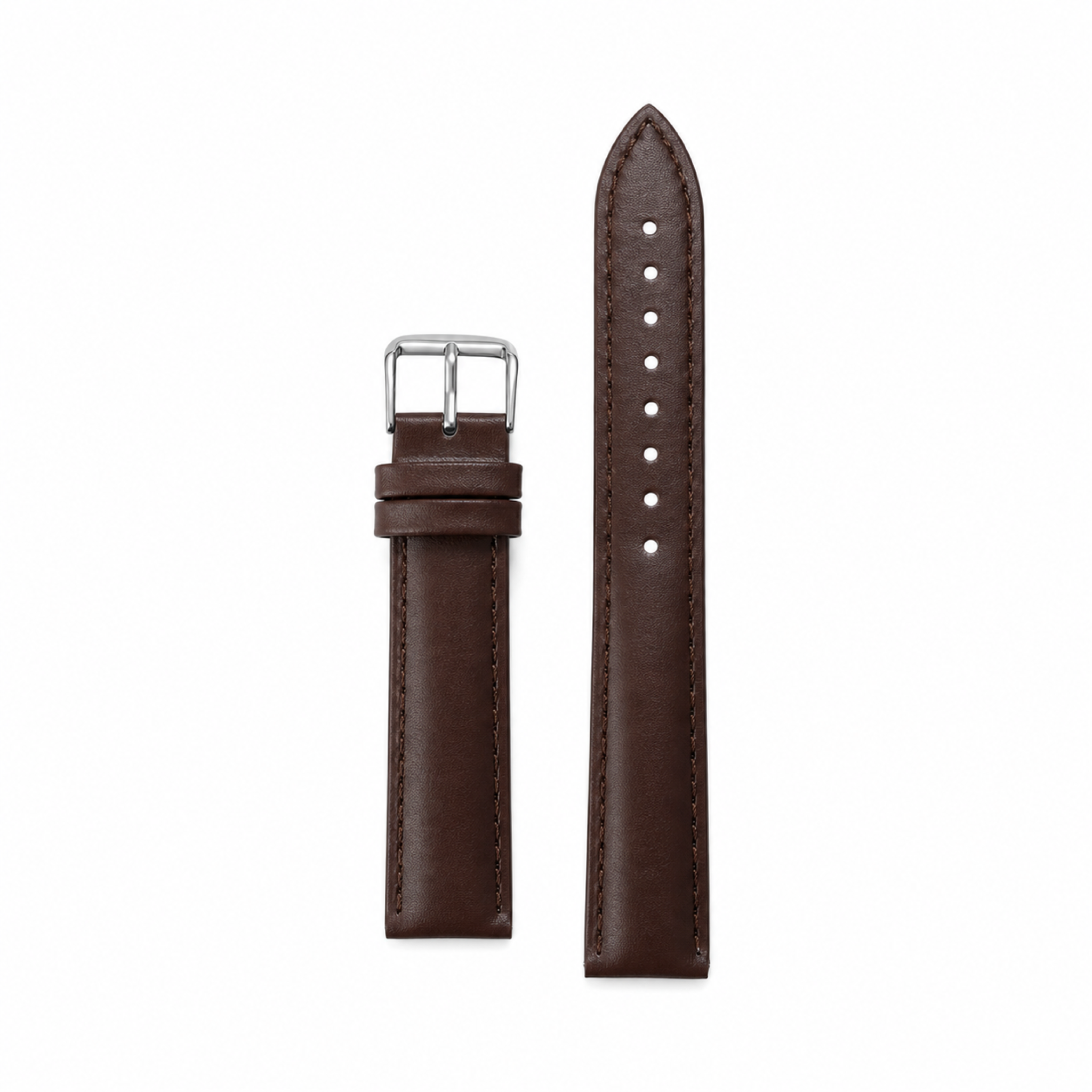 Dark brown leather watch strap with silver pin buckle