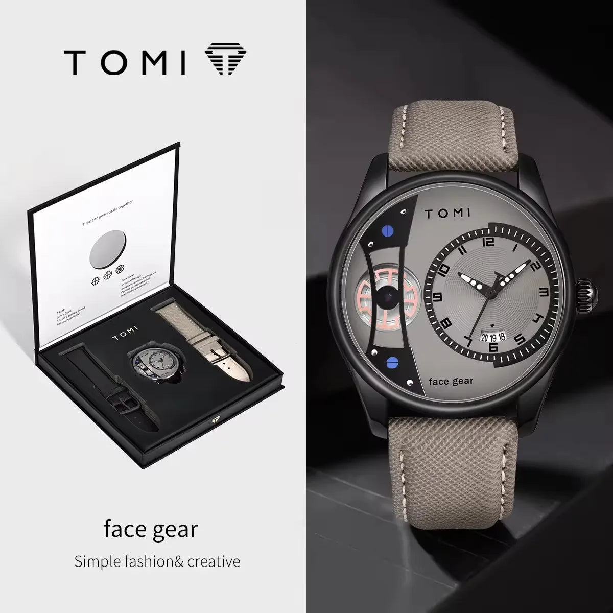 TOMI T105 Black case gray dial khaki band variant