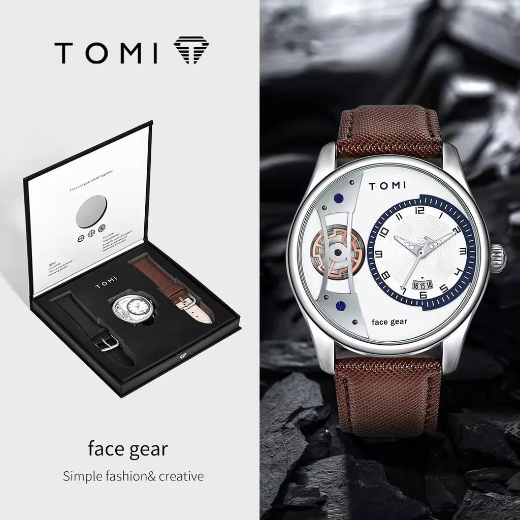 TOMI T105 Silver case white dial brown band variant