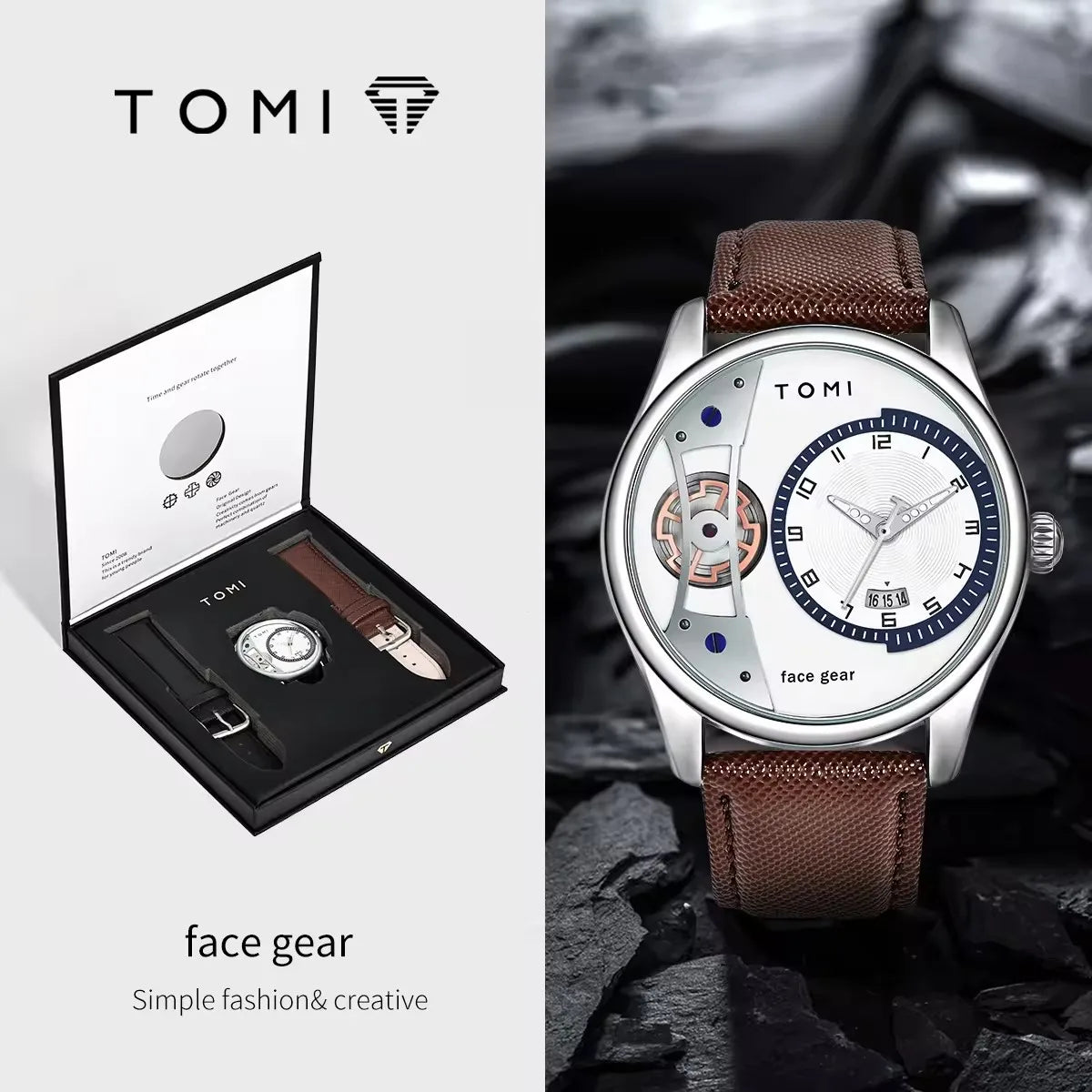 TOMI T105 Silver case white dial brown band variant