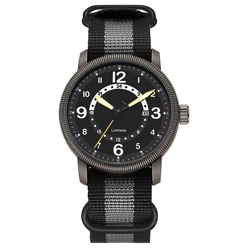 AWC field calendar quartz watch with black 24-hour dial and gray striped nylon strap