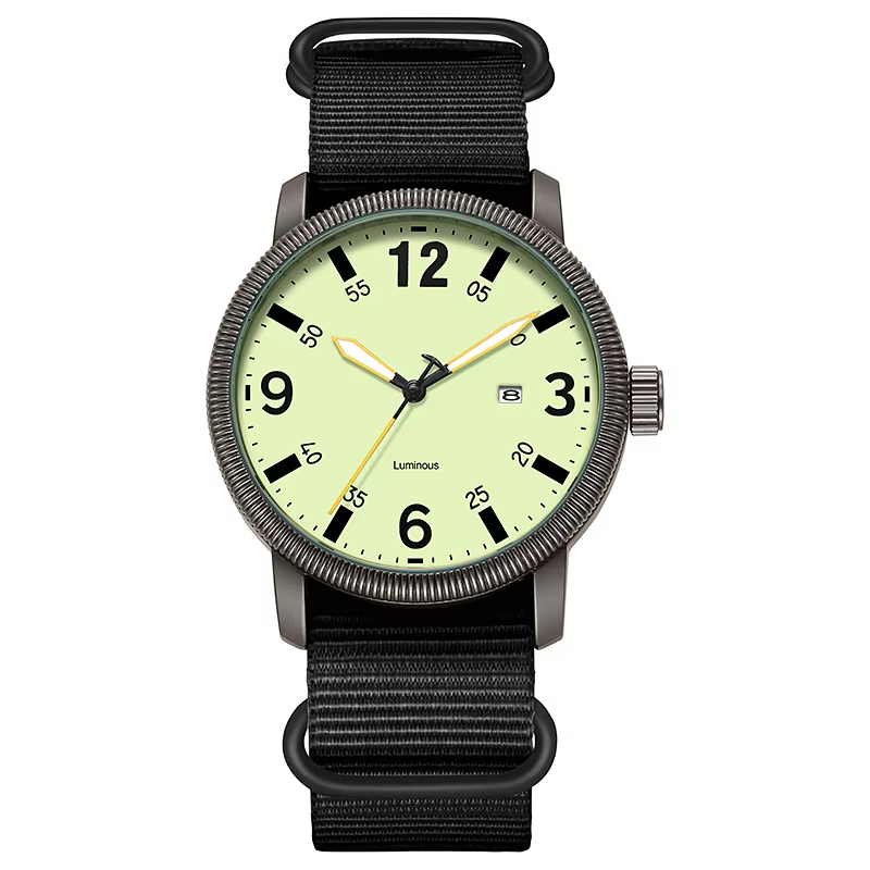 KASTAR Arabic-numeral quartz field watch, green calendar dial on a black nylon strap