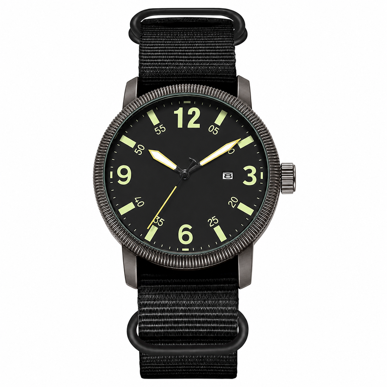 KASTAR Arabic-numeral quartz field watch with black dial and nylon strap on a white background