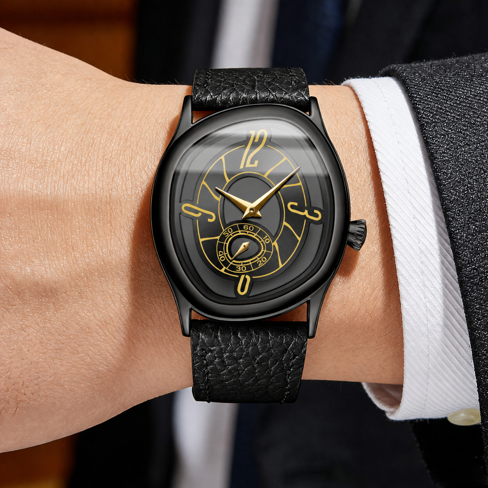 AWC Black 1 geometric quartz watch on wrist