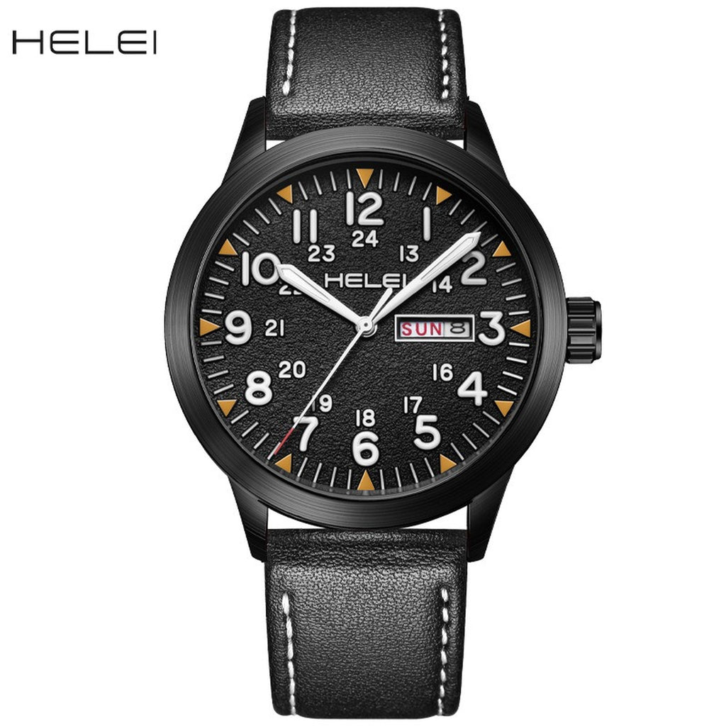 AWC HELEI 9031 black quartz watch with black leather strap on white background