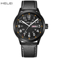 AWC HELEI 9031 black quartz watch with black leather strap on white background