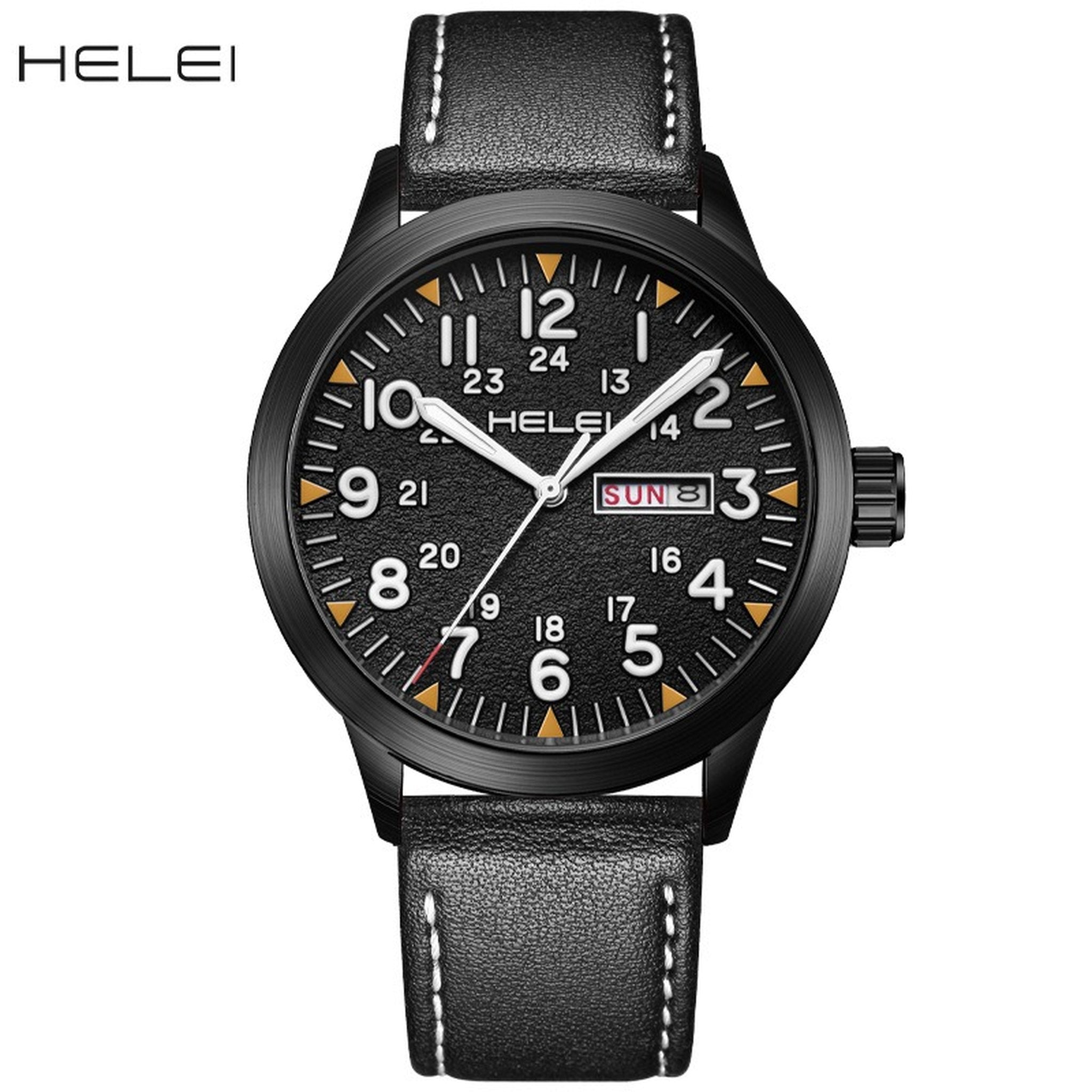 AWC HELEI 9031 black quartz watch with black leather strap on white background