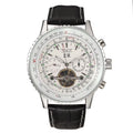 JARAGAR 0208 automatic open-heart watch with white dial and black leather strap
