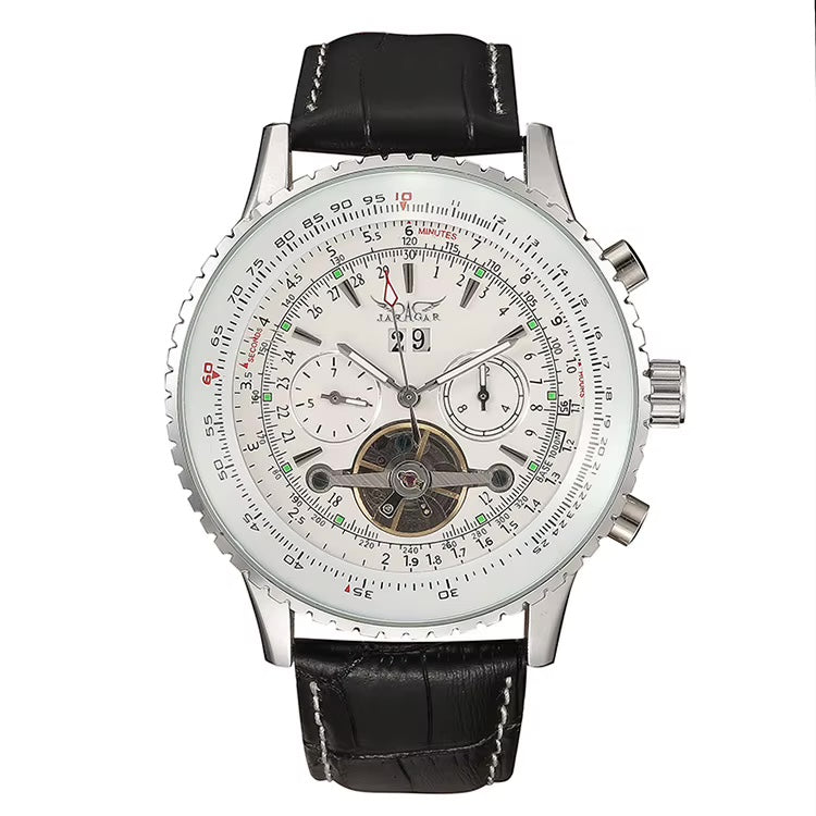 JARAGAR 0208 automatic open-heart watch with white dial and black leather strap
