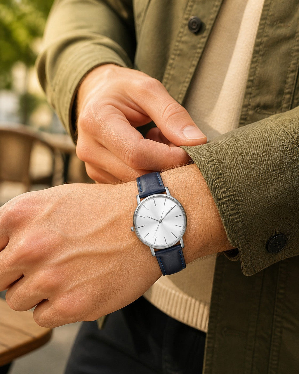 Blue genuine leather watch strap worn with a casual jacket