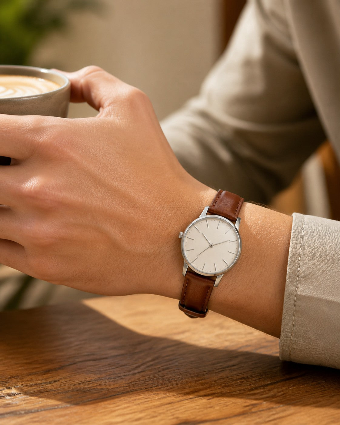 Brown genuine leather watch strap worn while holding coffee