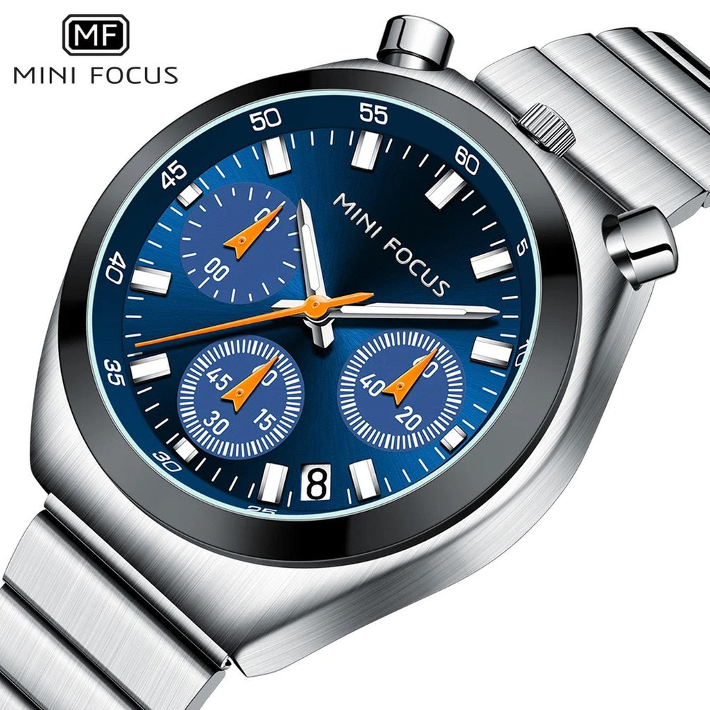 MINI FOCUS Blue-Dial Quartz Chronograph, Silver Bracelet