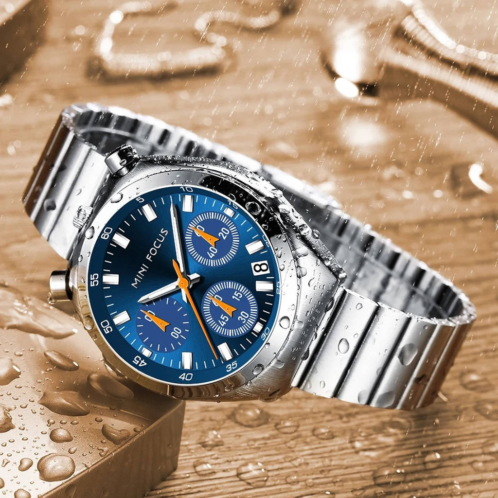 MINI FOCUS Blue-Dial Quartz Chronograph, Silver Bracelet