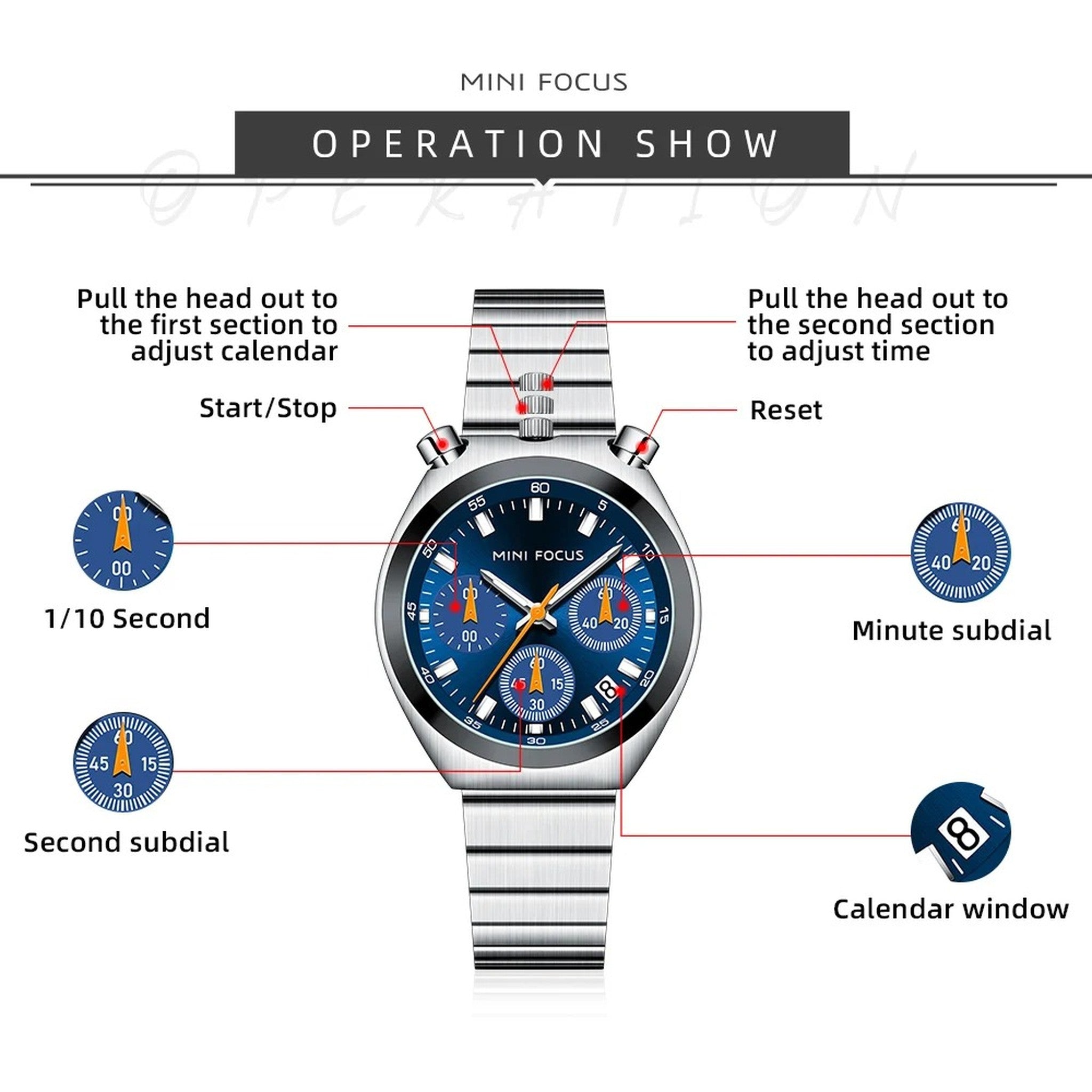 MINI FOCUS Blue-Dial Quartz Chronograph, Silver Bracelet