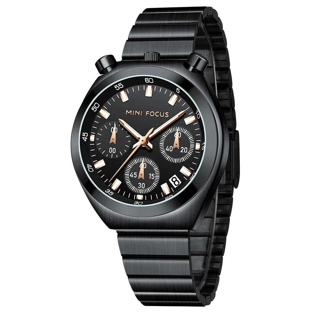 MINI FOCUS Black quartz chronograph with black bracelet and rose-gold-tone accents