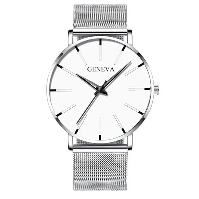 Minimalist mesh quartz watch — Silver / White
