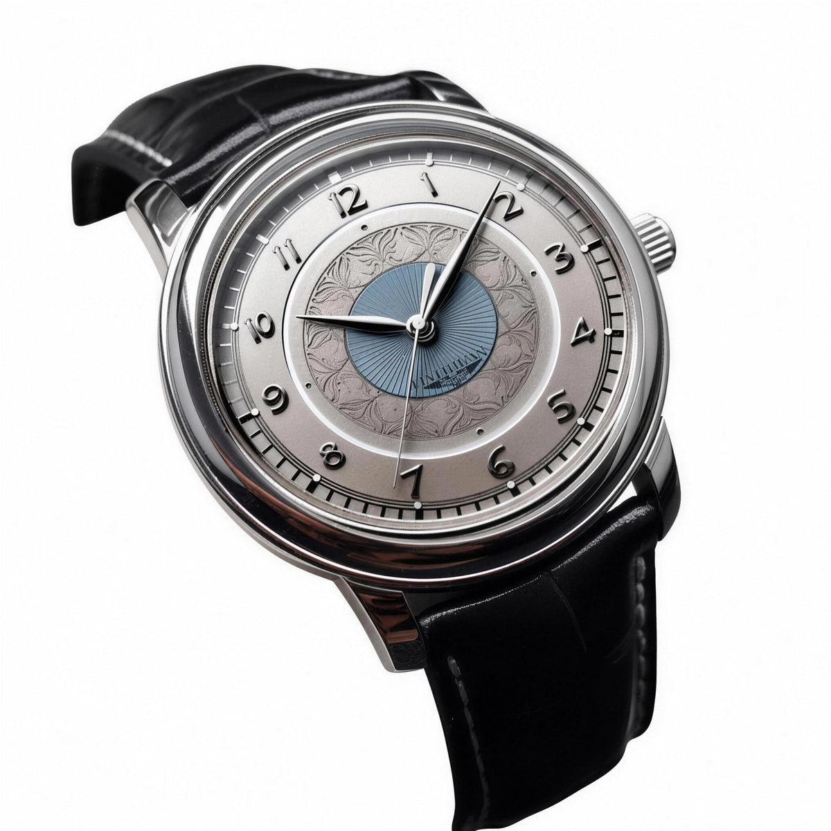 AWC ornate quartz watch with engraved silver dial, blue center and black leather strap