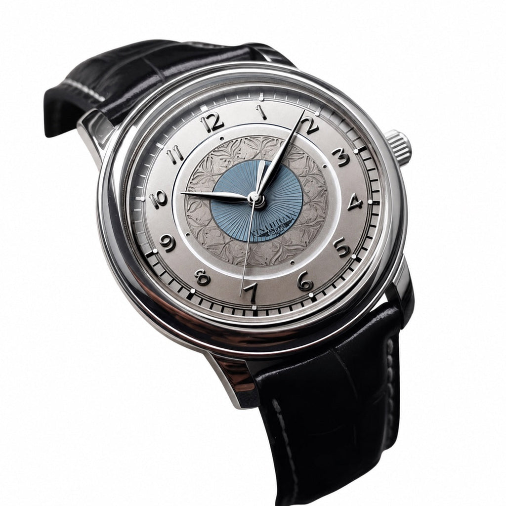 AWC ornate gray and blue quartz watch on white background