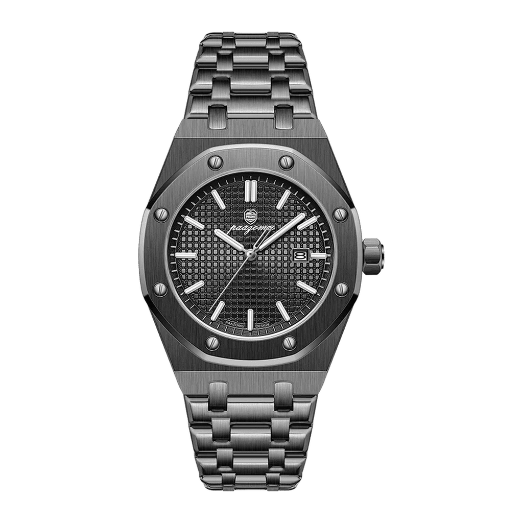 PAAZOMU luminous date quartz watch in black with black dial and integrated bracelet