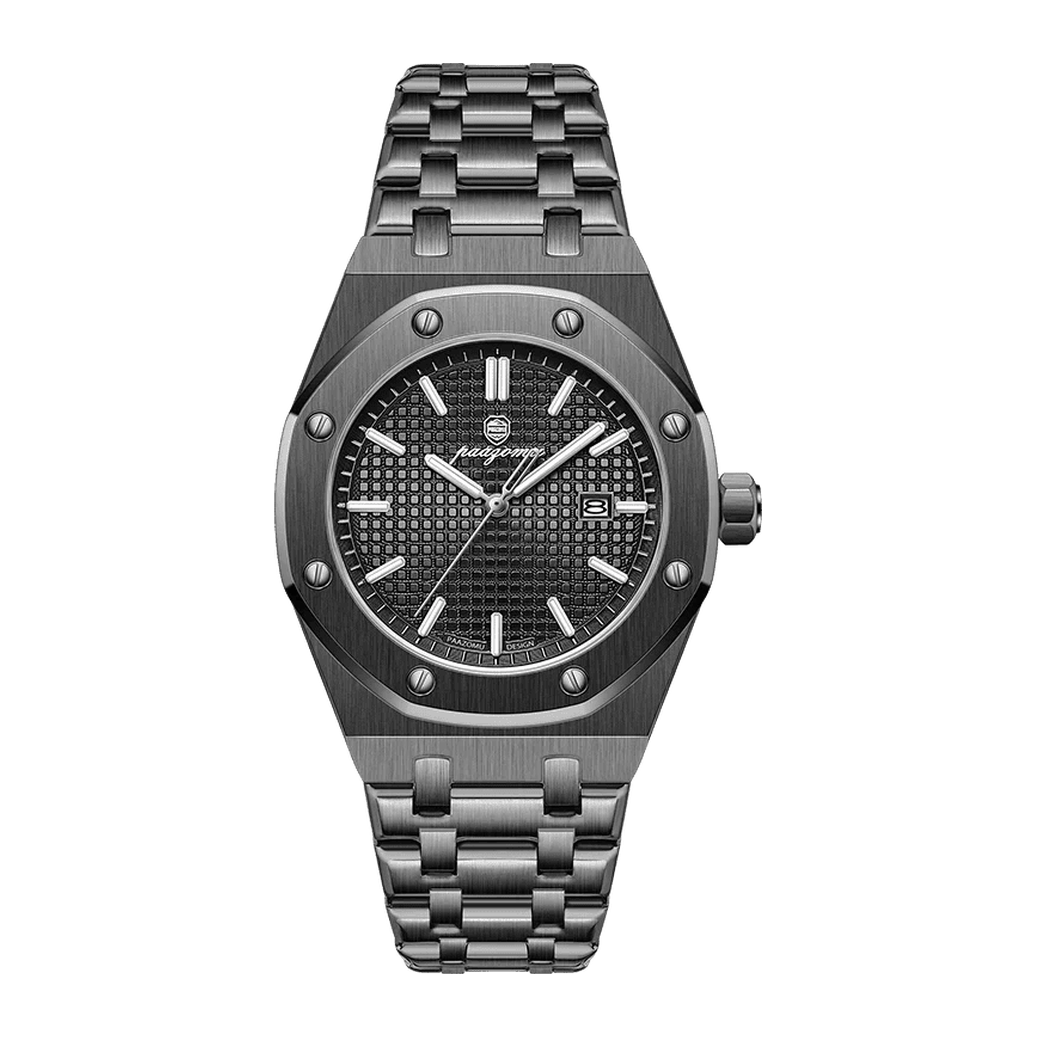 PAAZOMU luminous date quartz watch in black with black dial and integrated bracelet