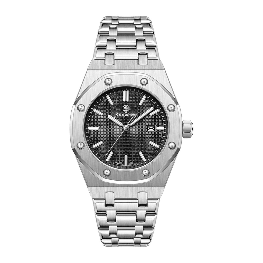 PAAZOMU luminous date quartz watch in silver with black dial and integrated bracelet