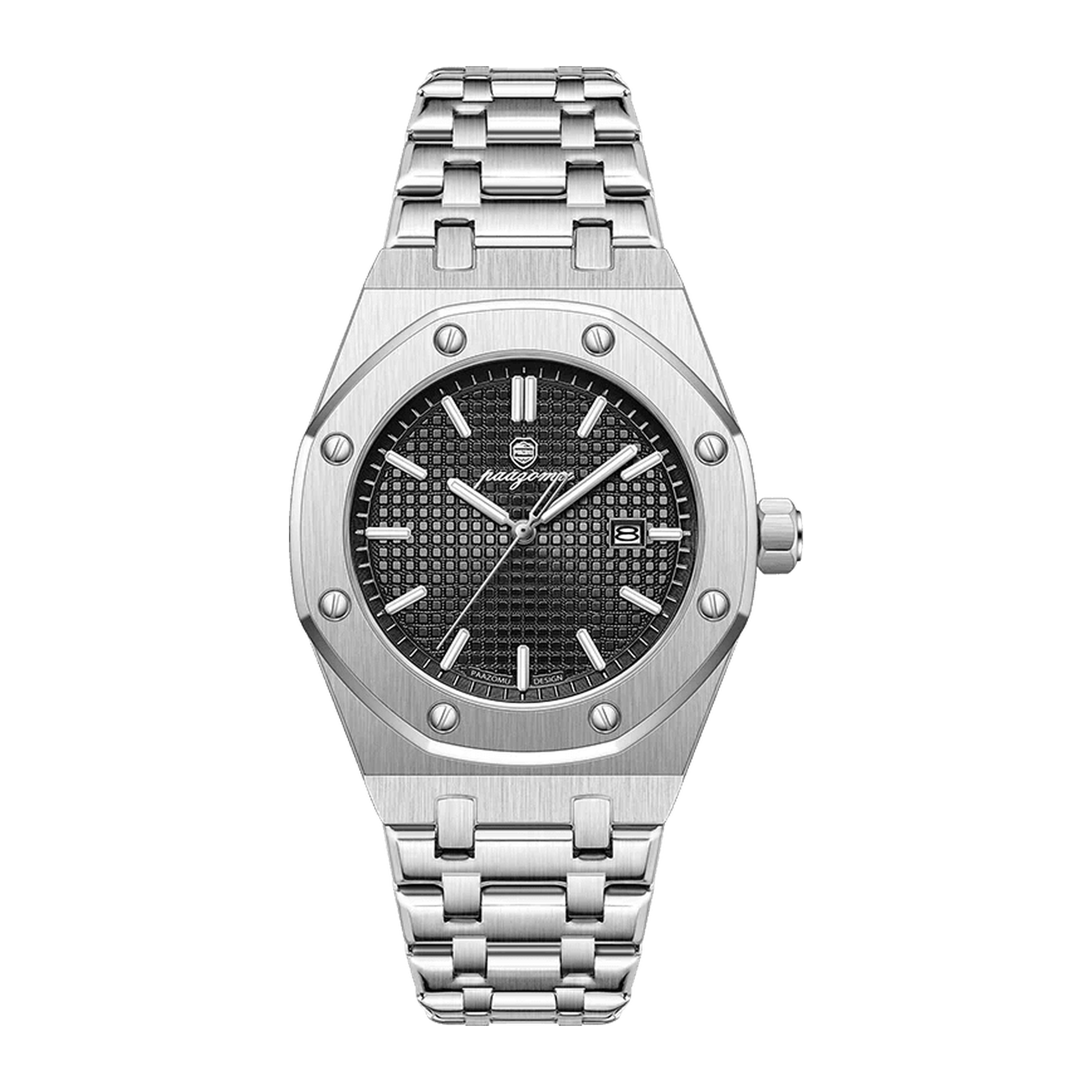 PAAZOMU luminous date quartz watch in silver with black dial and integrated bracelet