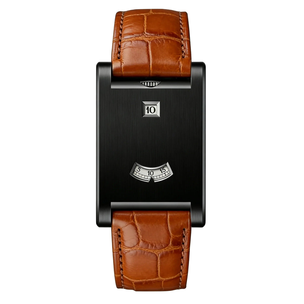 AWC rolling disc rectangle quartz watch, black case, brown leather strap, white background