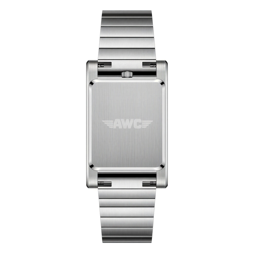 AWC rolling disc watch caseback with engraved AWC wings logo