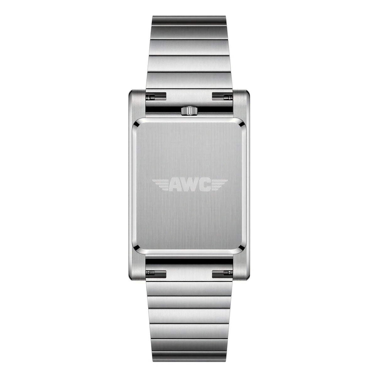 AWC rolling disc watch caseback with engraved AWC wings logo